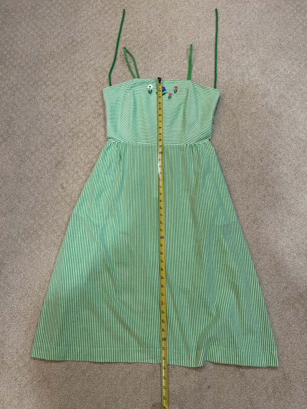 Vintage 70s 80s Green Striped Sundress Floral Embroidered Cottagecore M - Picture 10 of 10